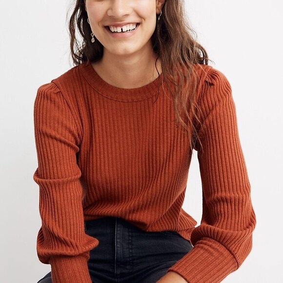 Madewell Brushed Rib Pleat-Sleeve Top Rust Orange 3/4 Sleeve Sweater size Large - Picture 2 of 10